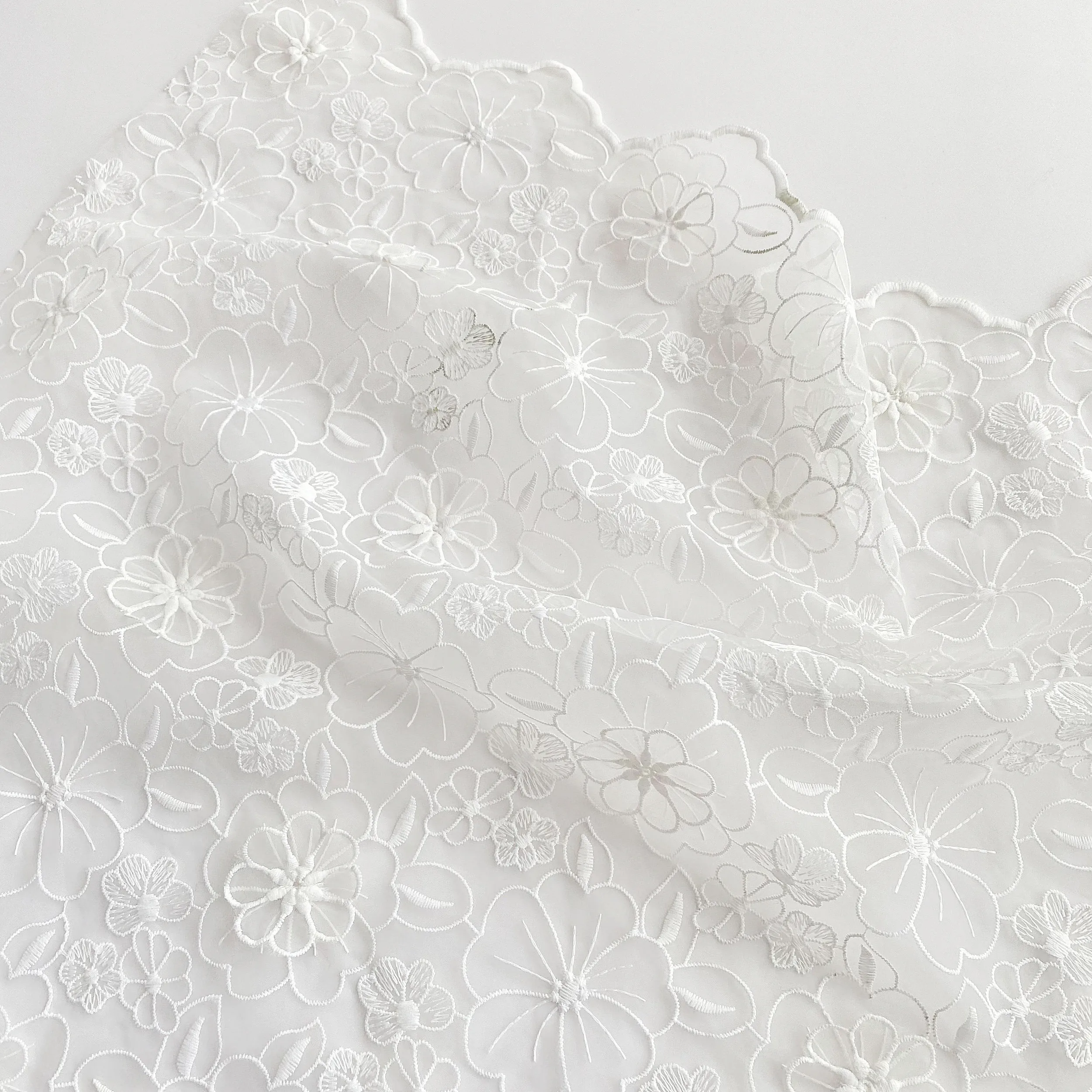 Pure White Organza 3D Double-layer Embroidery Lace Fabric Fashion Clothing Wedding Dress Handmade Diy Cloth