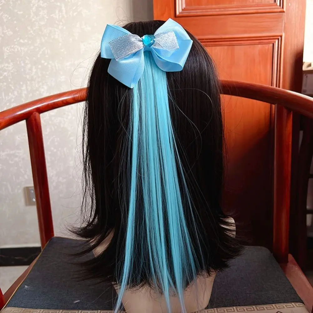 Gifts Decor Rubber Bands Synthetic Photography Props Girls Braids Wig Gradient Hairpiece Blue Bow Wig Long Straight Ponytail