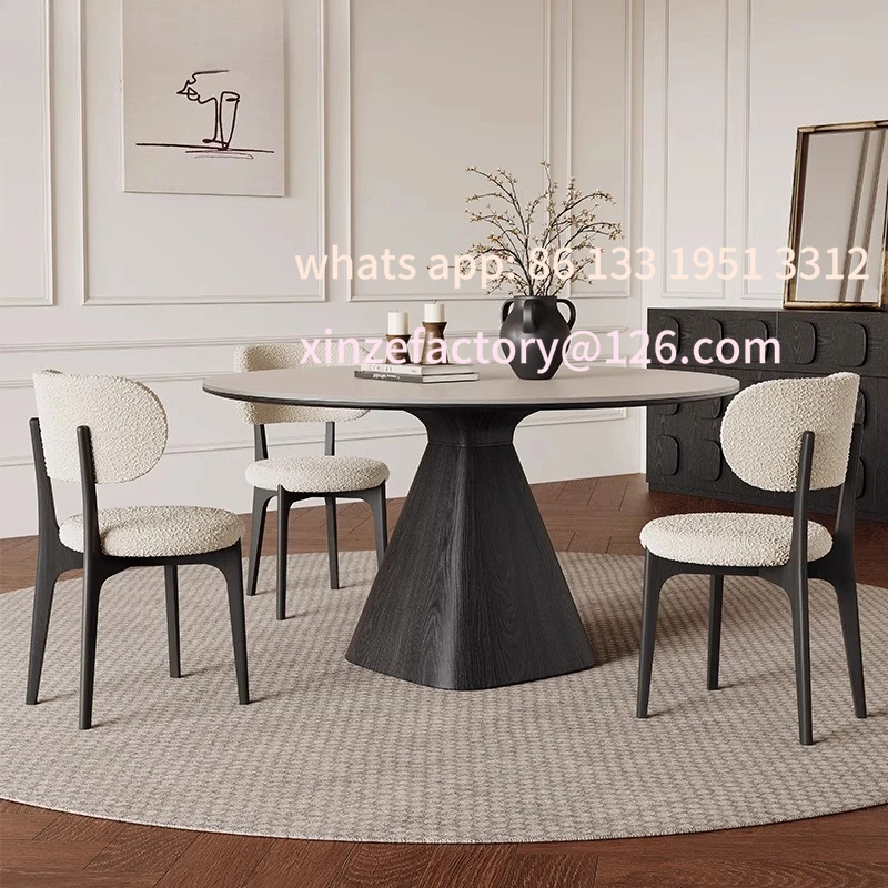 

Customizable rock slab French retro solid wood round table black eating table household modern simple pure white round dining