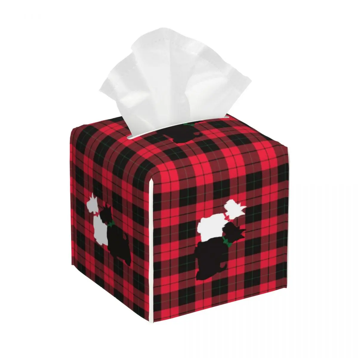 Custom Vogue Tartan Scottie Dog Tissue Box Cover for Bathroom Office Scottish Terrier Square PU Leather Facial Tissue Box Holder