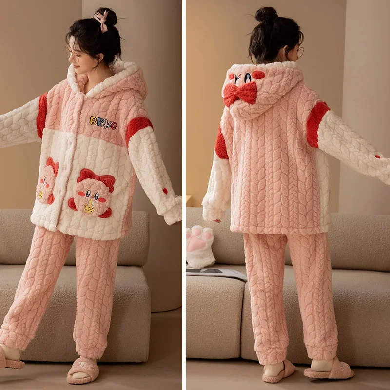 Stern Kirby Cartoon niedlichen Korallen Samt Paar Pyjama Mädchen Winter Nachthemd verdickt Fleece Lounge wear Set tragen Geschenk draußen