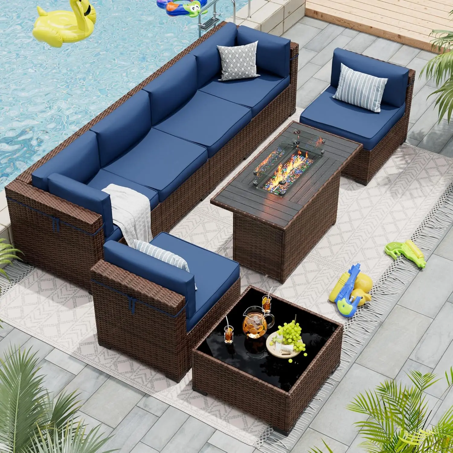 Patio Furniture Set with Gas Firepit Table, Outdoor Sectional Conversation Sets with High Back (Waterproof Covers Included)