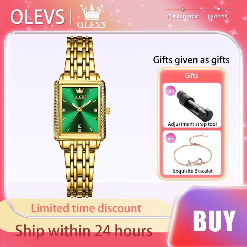 Olevs Dameshorloges Goud Rechthoekige Wijzerplaat Quartz Horloge Diamant Kalender Waterdicht Elegant Origineel Merk Dame Polshorloge Nieuw