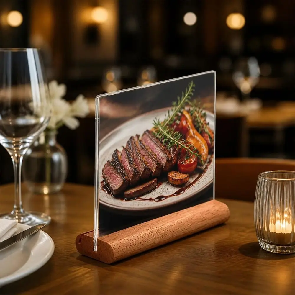 Transparent Acrylic Table Sign Card Holder Vertical Standing Solid Wood Base Price Display Stand Double-Sided Display