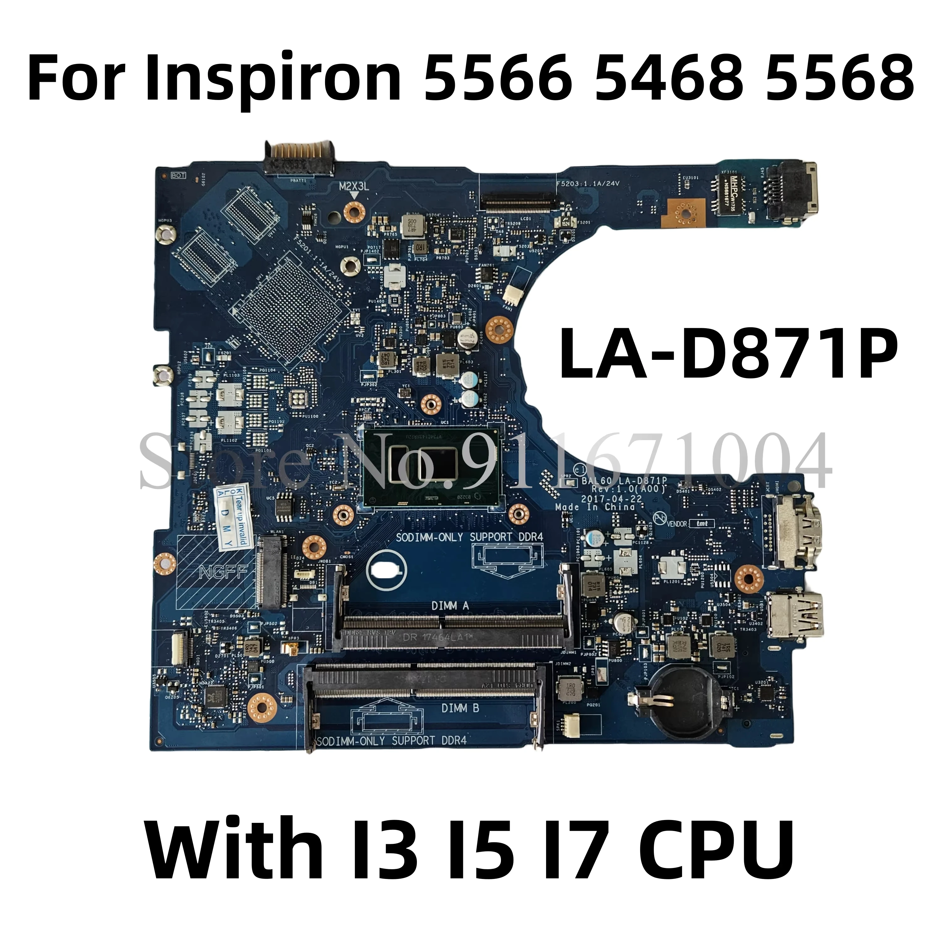 

BAL60 LA-D871P для Dell Inspiron 15 5566 5568 5468 Материнская плата для ноутбука с процессором Intel i3-7100U i5-7200U CN: 0DMD9K 0KCKCP 0P1MTV