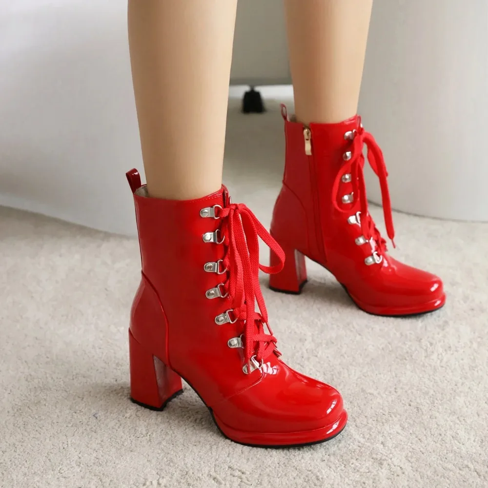 

Fashion Patent Leather Winter Women Ankle Boots Red White High Heels Autumn Club Office Square Toe Retro Zipper Short Boots