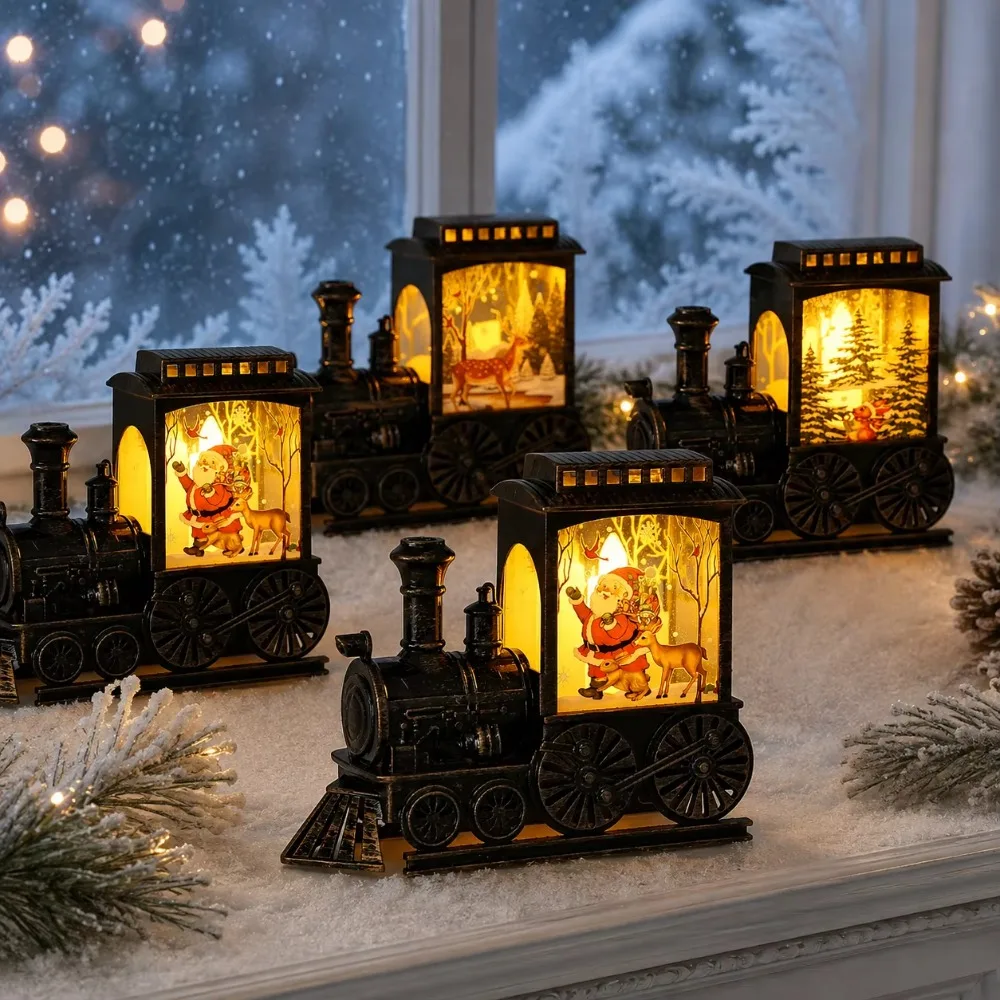 Vintage Christmas Train LED Light Deer Design Santa Claus Train Ornaments Plastic Train Night Lamp Fireplace