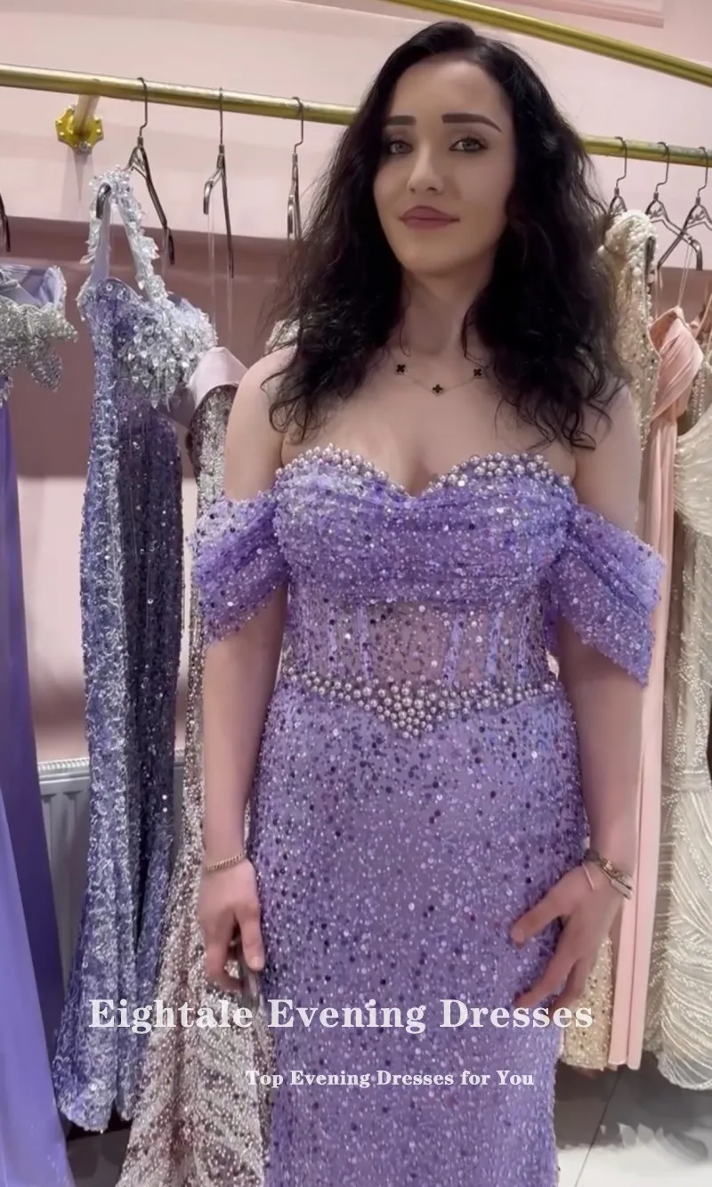 Eightale Lavender Evening Dresses Customized Sweetheart off Shoulder Beaded Pearls Sequined Mermaid Prom Gowns Robe De Soirée