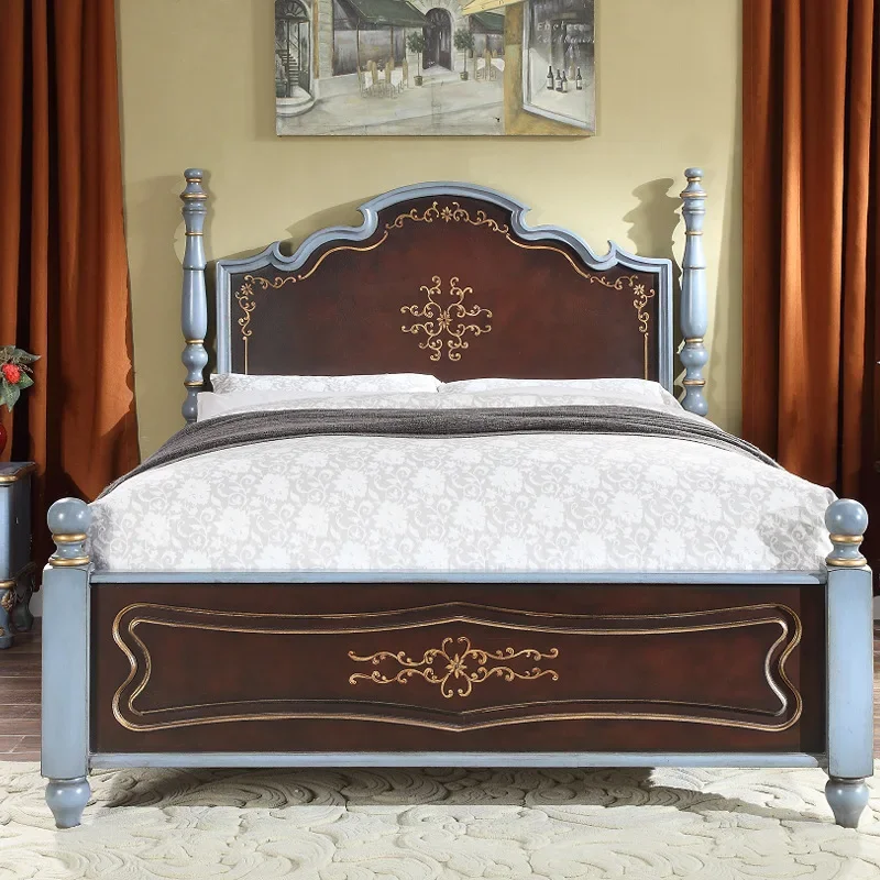 HYS bedroom solid wood double bed 1.5 meters large bed European high-end retro painted furniture