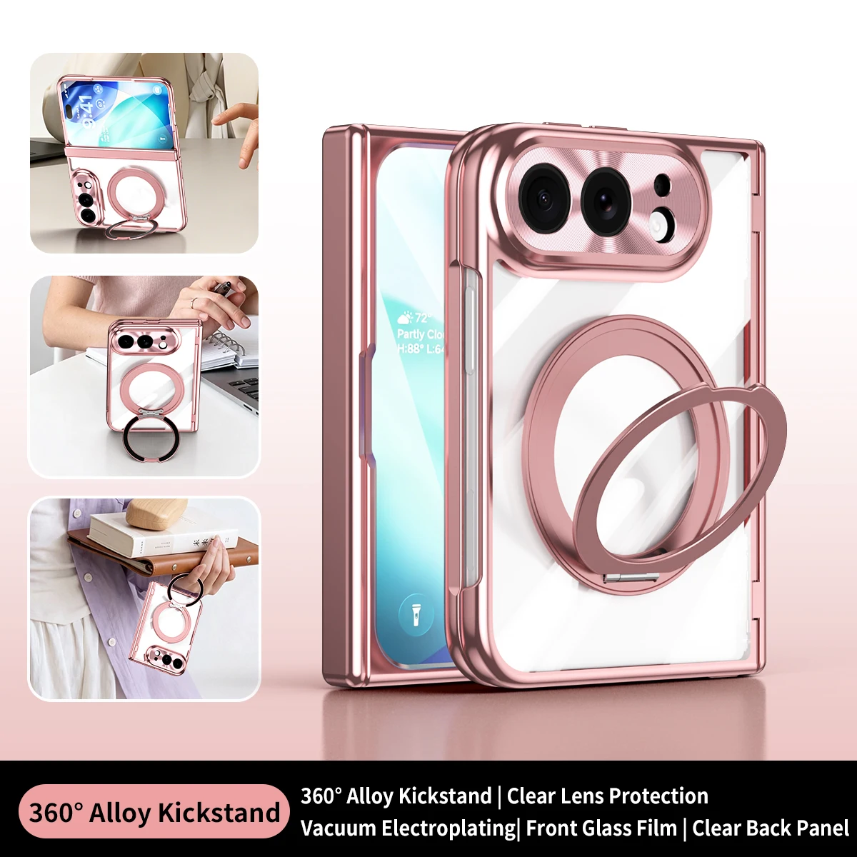 For Iphone Duo Wireless Charging Rotatable Ring Holder Tempered Glass Film Hinge Protection Clear Transparent Back Cover