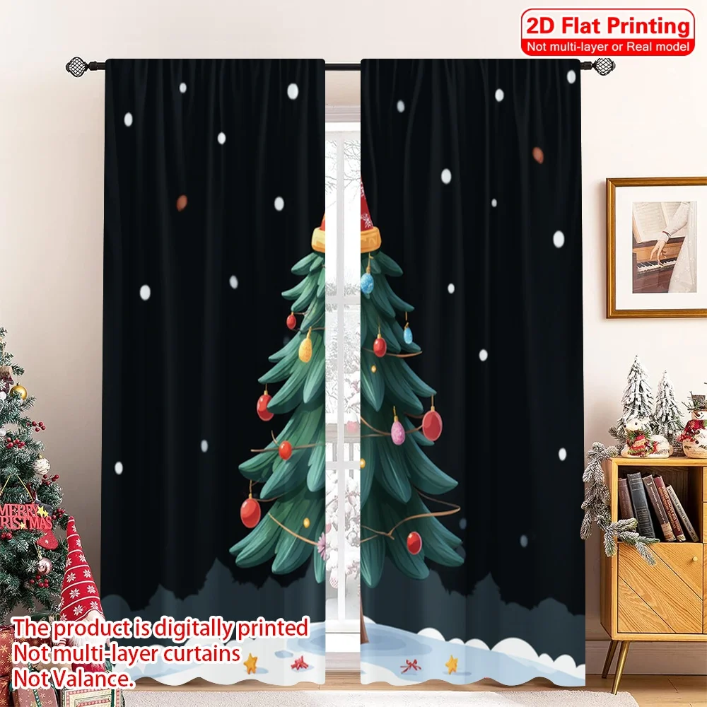 

2pcs 2D flat printing Merry Christmas Curtain Retro Christmas Tree Festive Holiday Fabric Without Electricity Family Party Use