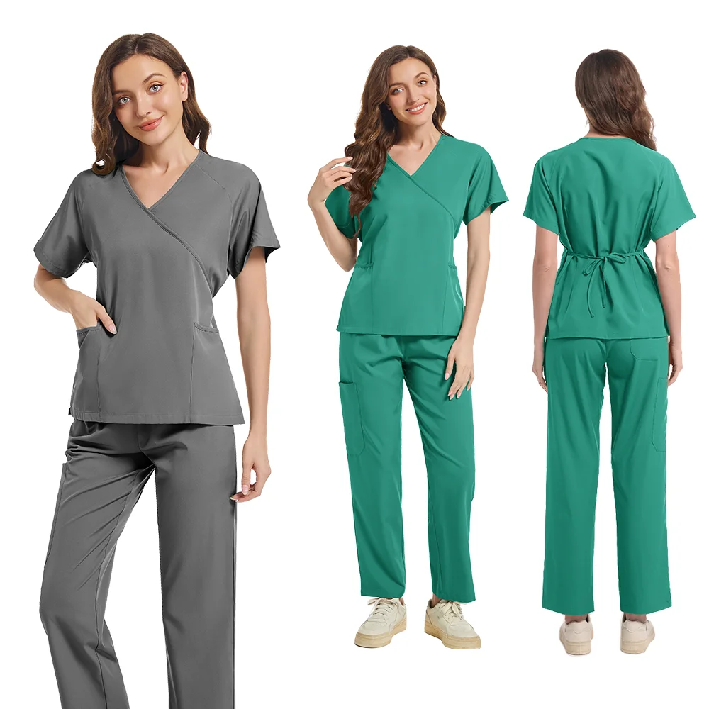 Medical Scrubs ชุดพยาบาลเครื่องแบบผู้หญิงชุดผ่าตัด V คอกระเป๋าด้านบน + กางเกงโรงพยาบาลคลินิกทันตกรรม Doctor Workwear ชุดสปา