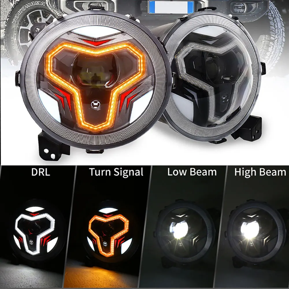 Car 9 Inch Led Headlight Hi/Low H4 Halo Angle Eyes DRL For Jeep JK TJ OffRoad Defender Hummer 4x4 Suzuki Samurai Headlamp