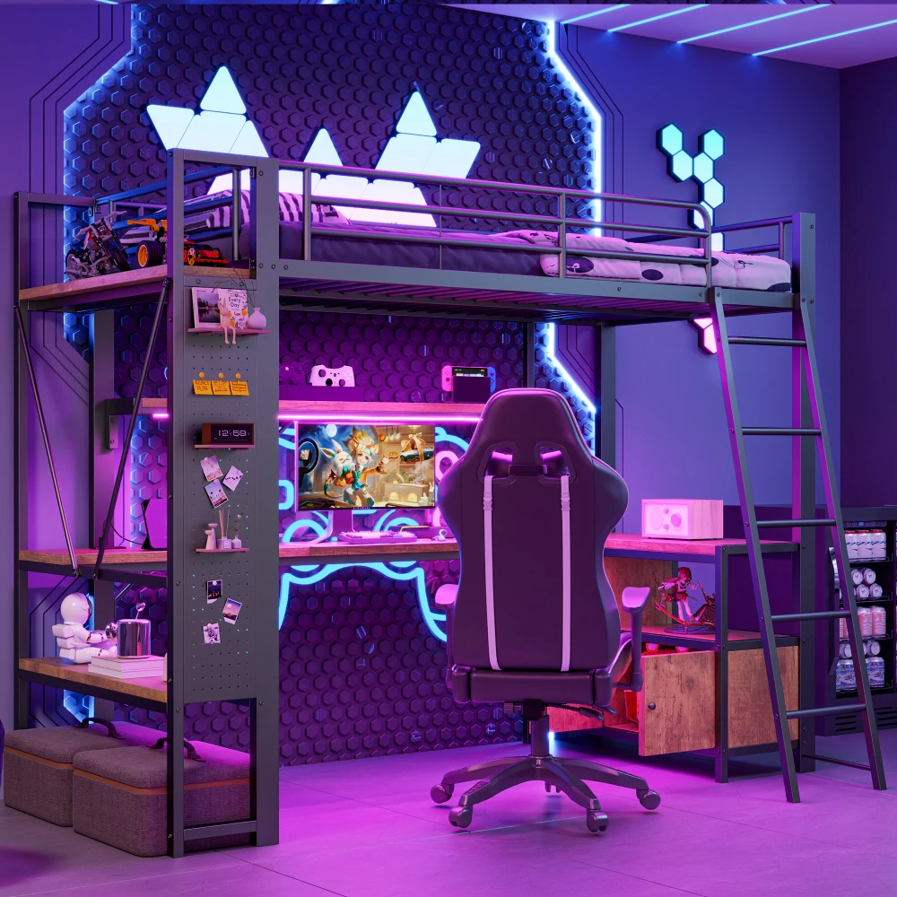 Cama alta, estructura de hierro, con tira de luces LED, escritorio, espacio de almacenamiento, múltiples estantes, pared perforada, puerto USB, sin colchón
