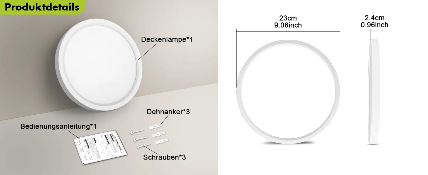 LED-Deckenleuchte mit Radar-Bewegungssensor, 18W 1800LM IP44 4000K Neutralweiß, Ultraflach Ø23cm für Flur, Treppe, Keller – Detail 7