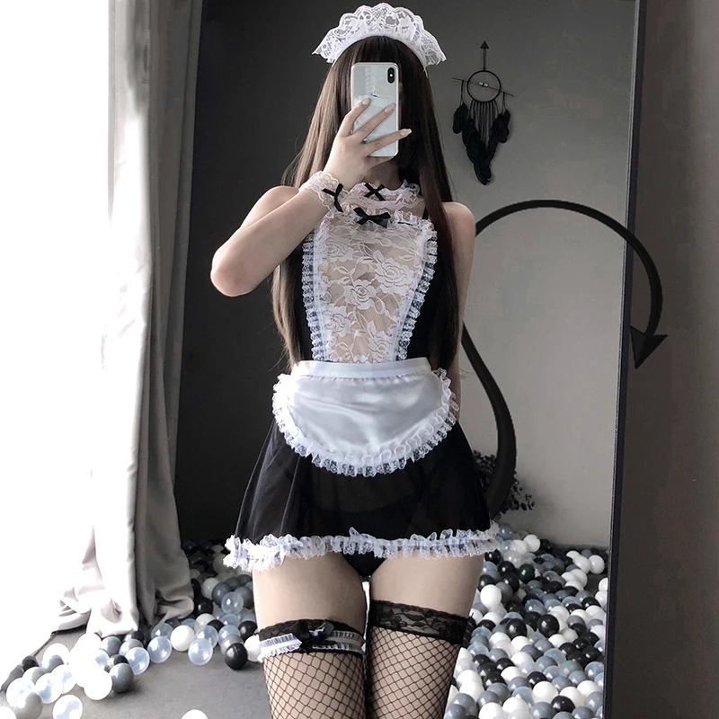 Japanese Sexy Maid Outfits Cosplay Costumes Women Dress Transparent Sex Party Lingerie Couple SM AV Lace Outfit