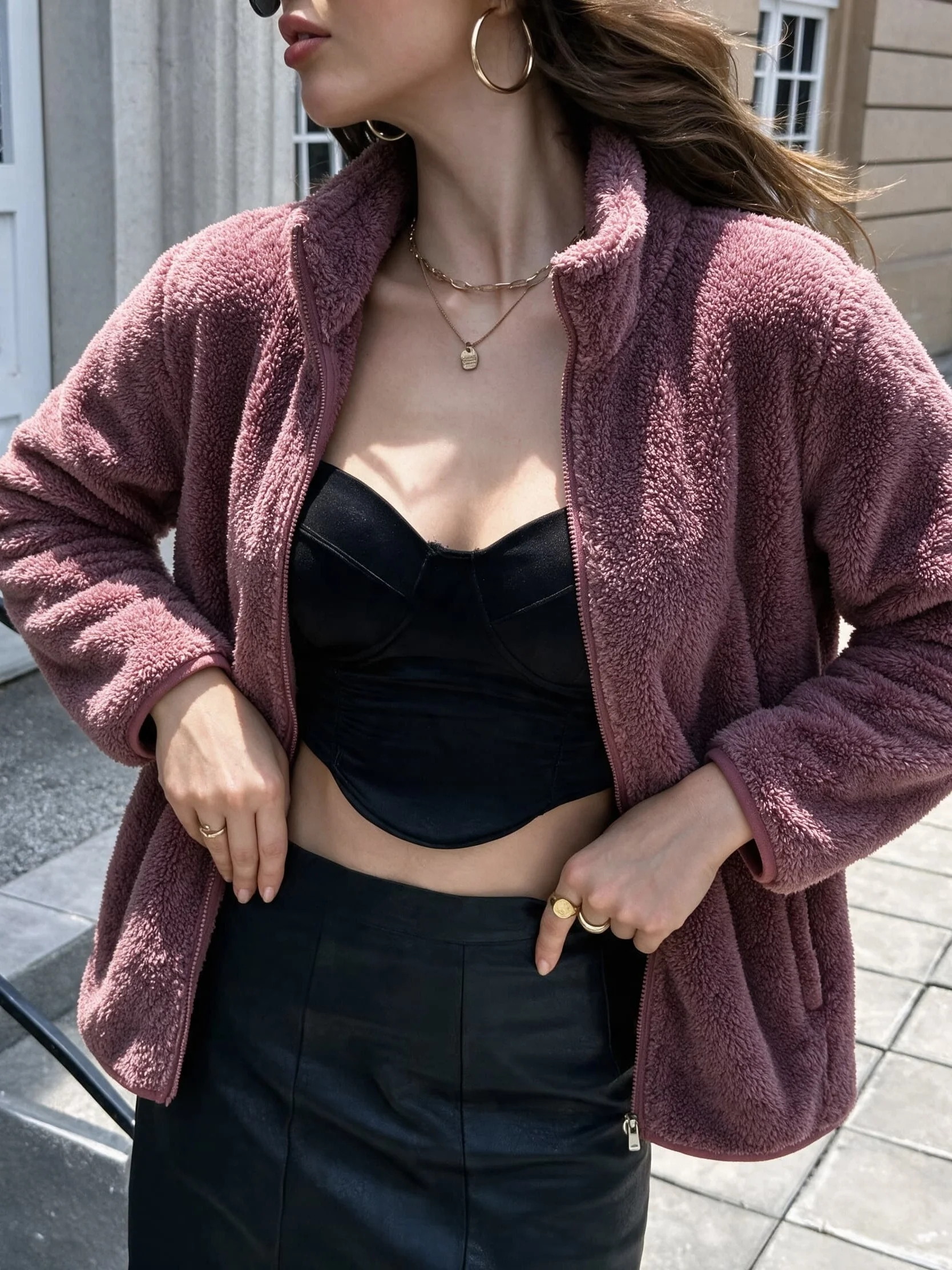Women's Multicolor Stand-Up Collar Fleece Jacket, Loose-Fit Zippered Flannel Warm Faux Fur Coat, Non-Stretch, Machine Washable (Autumn/Winter)