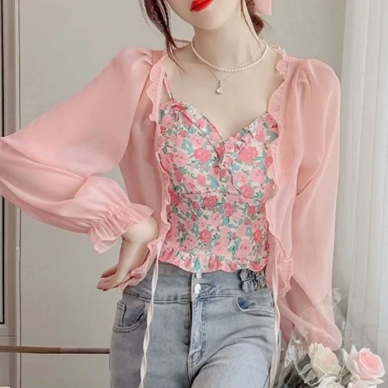 Women's Summer Lace Bow Ruffle Cardigan Shirt Y2K Korean Style Sun Protection Blouse Top White Female Cover Blusa view 3