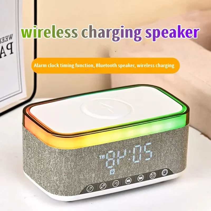 New Creative Desktop Bluetooth Speaker with 15W Wireless Charger Bedside Night Light Alarm LED Clock MP3 Music Player Soundbar