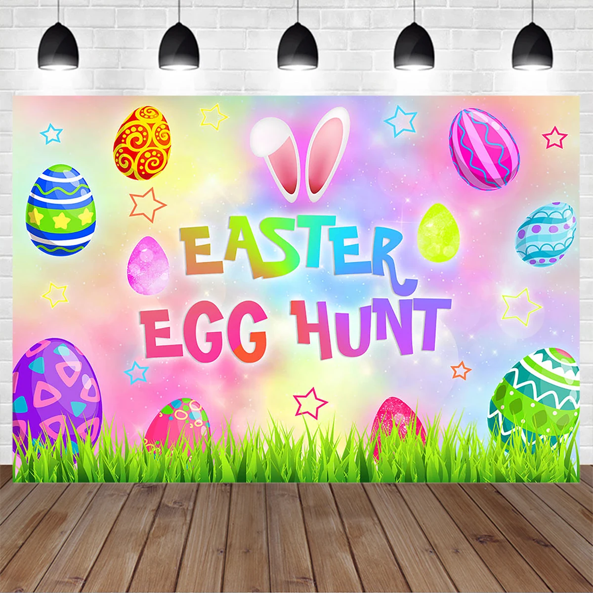 

Easter Egg Hunt Background Poster Photography Dream Star Decorated Grassland Backdrop Banner Newborn Birthday Party Photocall