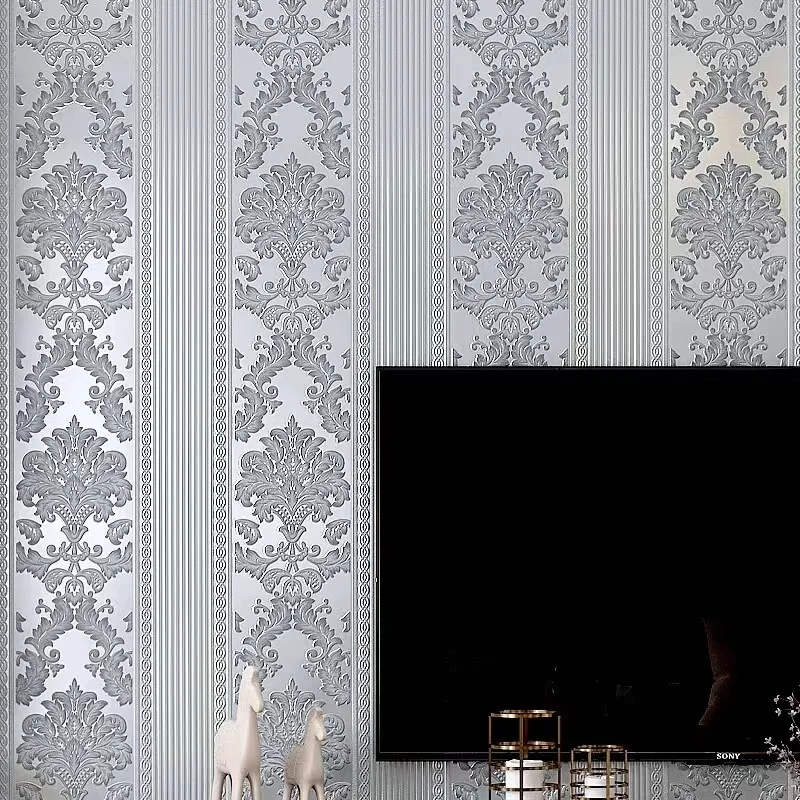 

Simple European 3D Silver Gray Vertical Striped Wallpaper for Living Room Bedroom Elegant Damask Floral Wallpapers