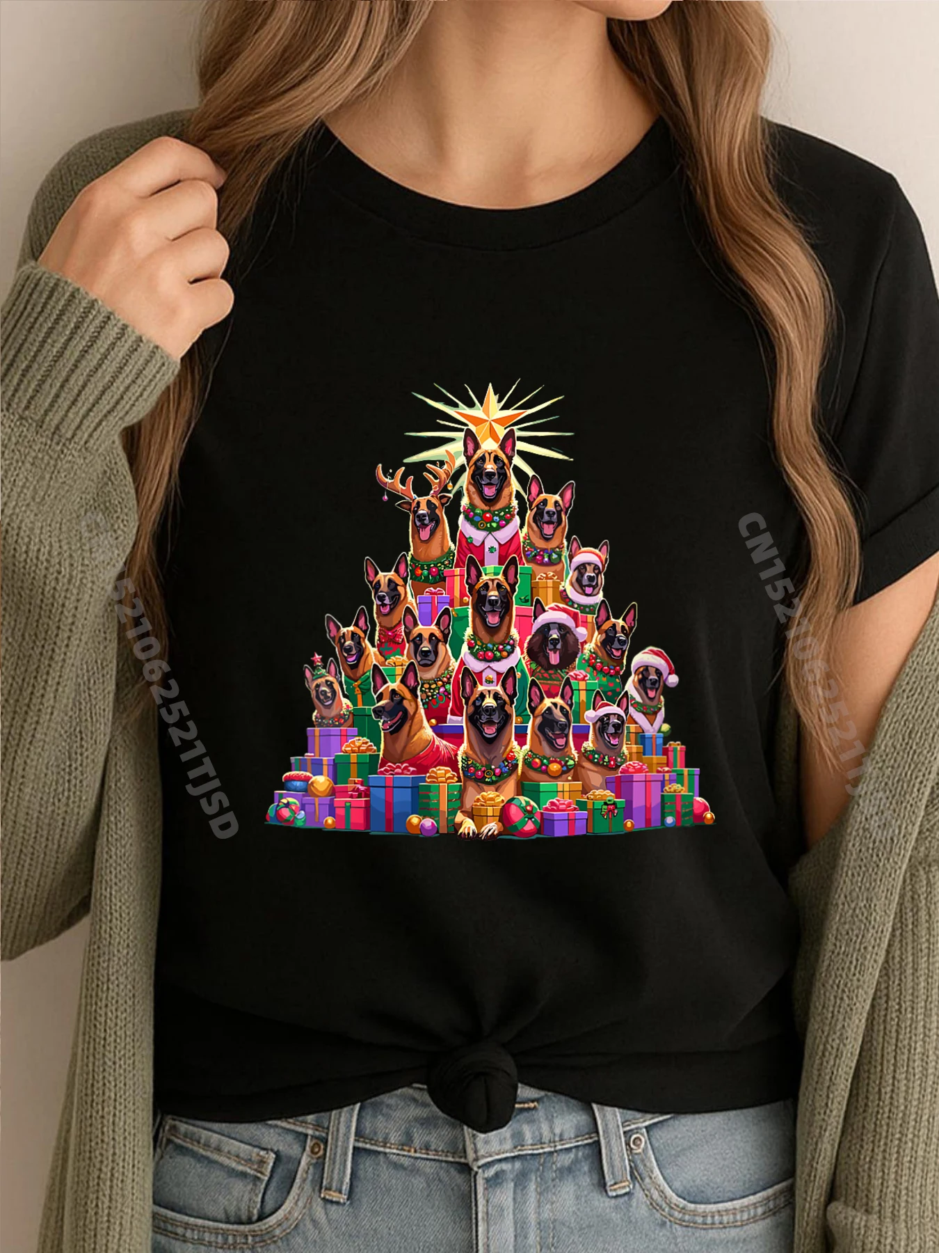 

Женская рождественская елка, бельгийская малинуа, бельгийская овчарка, крем-футболка Mally, женская футболка для отдыха