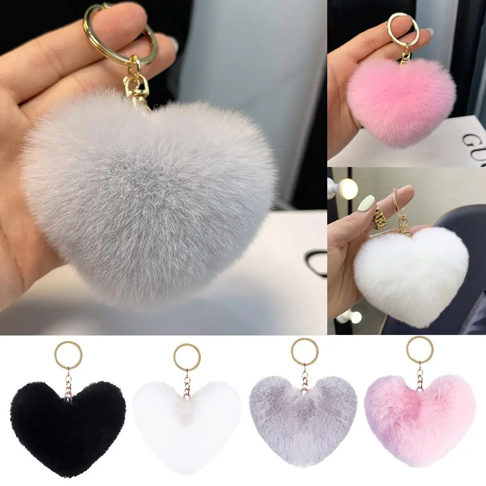 1Pc Plush Ball Keychain Large Heart Pom Pom Keychain For Women Car Bag Pendant Fashion Jewelry Fluffy Love Solid Color Keyc M6I8