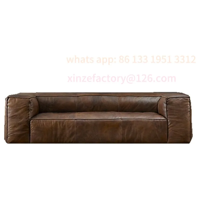 

American leather sofa three-person retro old oil wax leather module industrial wind club leather sofa square