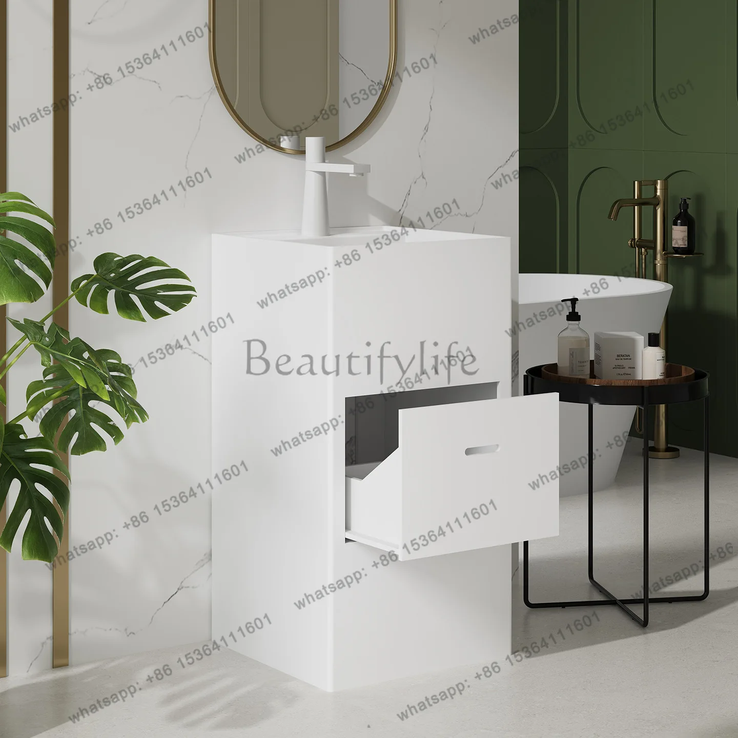 With faucet hole, drawer storage, square artificial stone wash basin, column basin, household