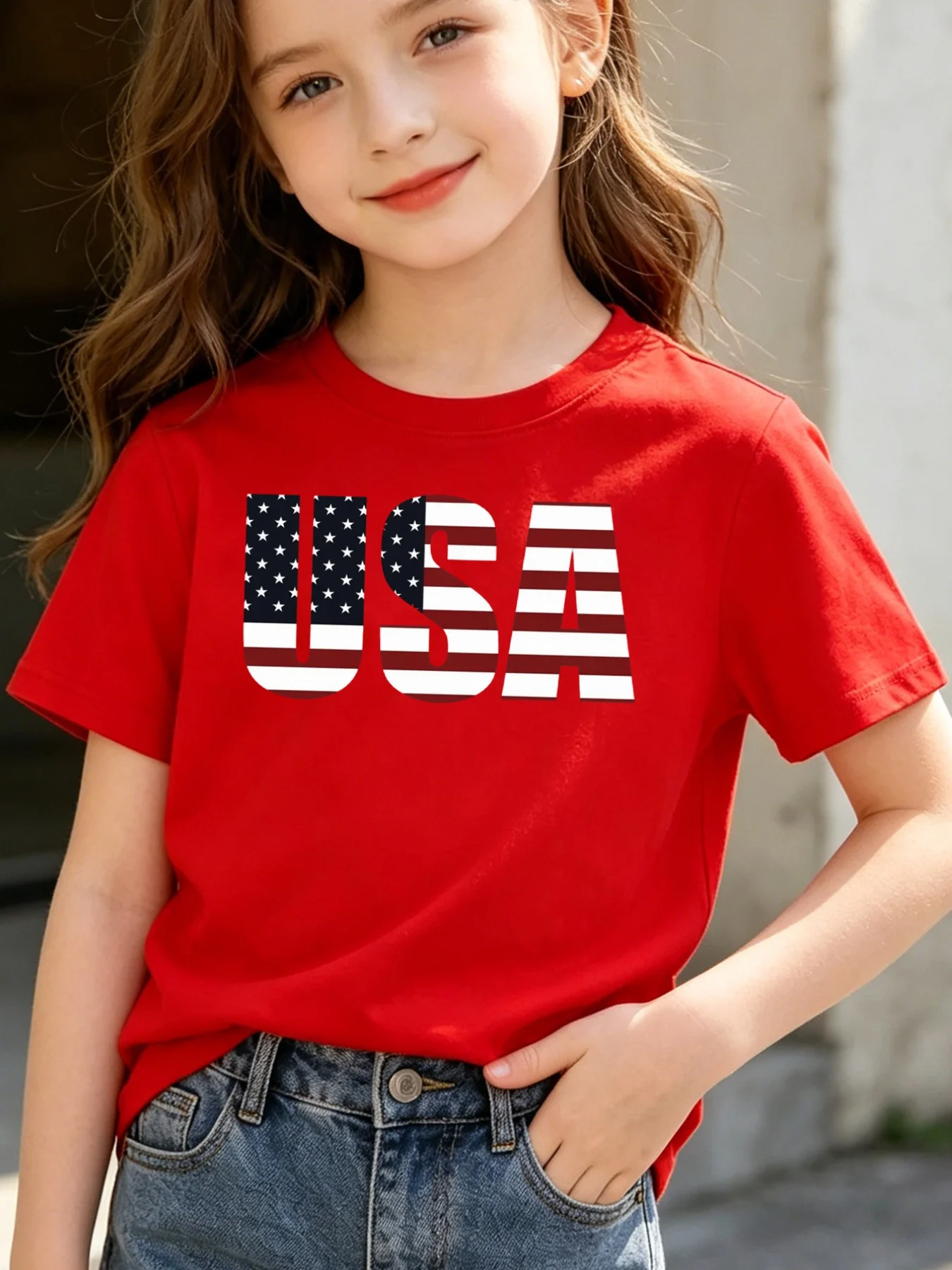 Parent Child Matching Tee USA American Flag Letter Graphic Short Sleeve Cotton T Shirt Girls Boys Kids National Holiday Wear