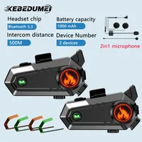 KEBIDUMEI Motorcycle Helmet Intercom Headset for 2 Rider 500M Interphone Bluetooth 5.3 Waterproof Wireless Speaker Earphone