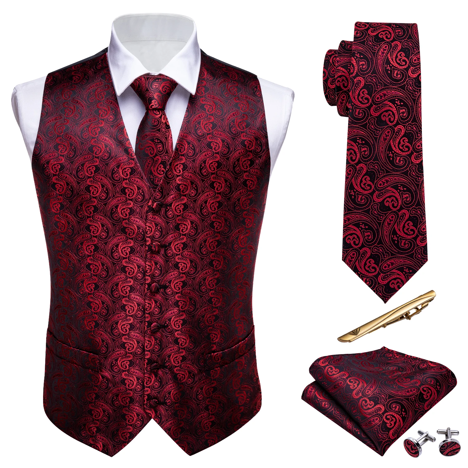 

Barry.Wang Suit Vest 16 Colors Men's Vest Silk Paisley Tie Hanky Cufflinks Set Men Waistcoat Sleeveless Business Party Jacket