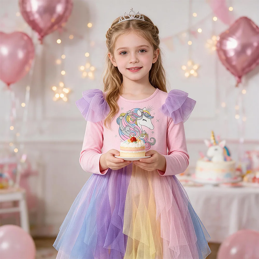 Mädchen Trompetenärmel Frühling Herbst Asymmetrisches Kleid Kinder Rosa Lila Regenbogen Farbverlauf Einhorn Party Prinzessin Tüllkleider – Detail 3