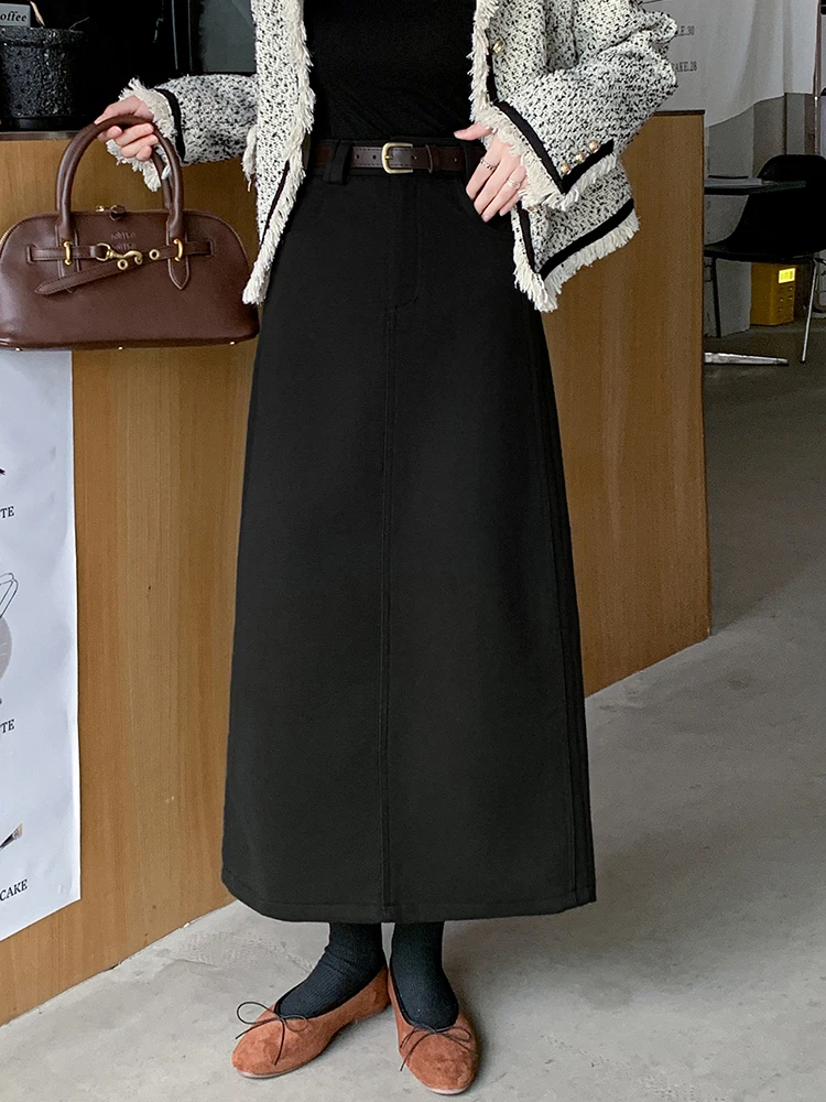 Office Ladies High Waist Woolen Skirts Women Fall Winter Straight Skirts Midi Pocket Skirt with Belt Black Grey