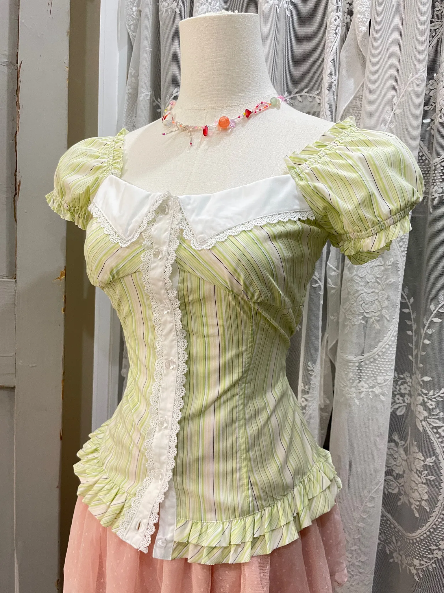 Vintage Spring Summer School Students Short Sleeve Shirts Elegant Lace Stripes Single-breasted Slimming Women's Sweet Tops