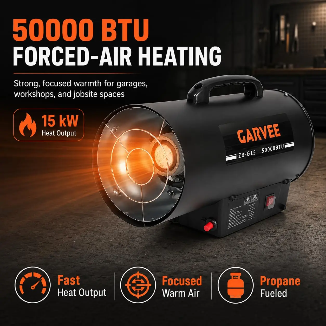 50,000 BTU Propane Forced Air Heater for Garage, Jobsite & Warehouse – High-Efficiency Portable Indoor/Outdoor Space Heater