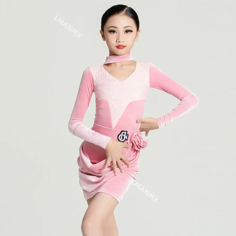 

2023 New Long sleeved Latin Dance Suit Autumn/Winter Pink Advanced Girls Training Performance Dance Suit Set