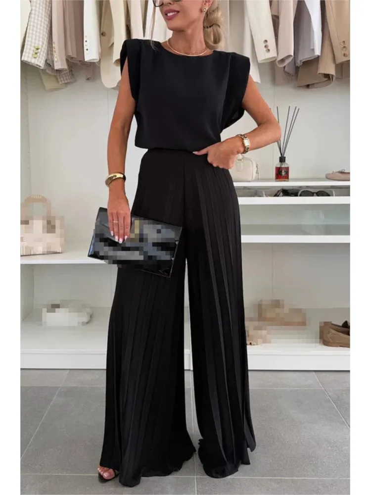

Summer Fashion New Loose Two Piece Sets Casual O Neck Sleeveless Tops+ Folds Wide Leg Pants 2 Piece Sets Office Ladies Outfits