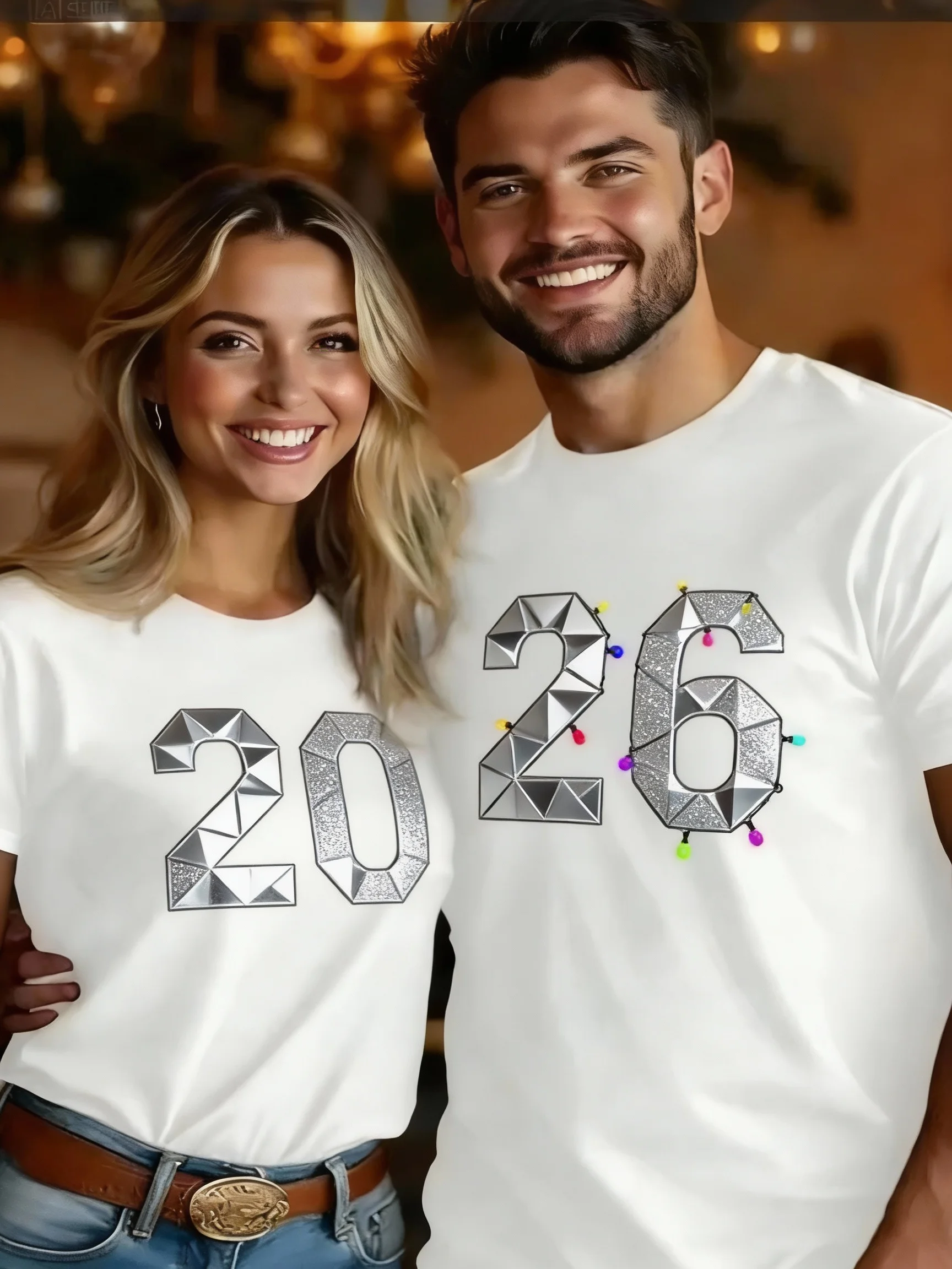 

Couples White T-Shirt - 2026 New Year Print, 100% Organic Cotton Oversized Fit, High Street Style for Holiday Couples