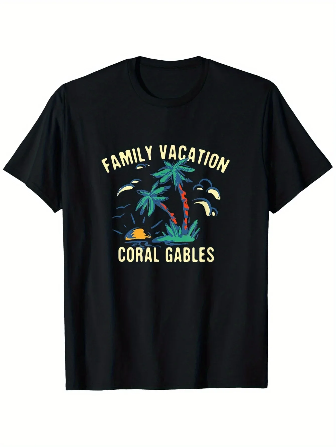 

Family Vacation Coral Gables Tropical Palm Trees Graphic T-Shirt Soft Cotton Crewneck Tee for Men
