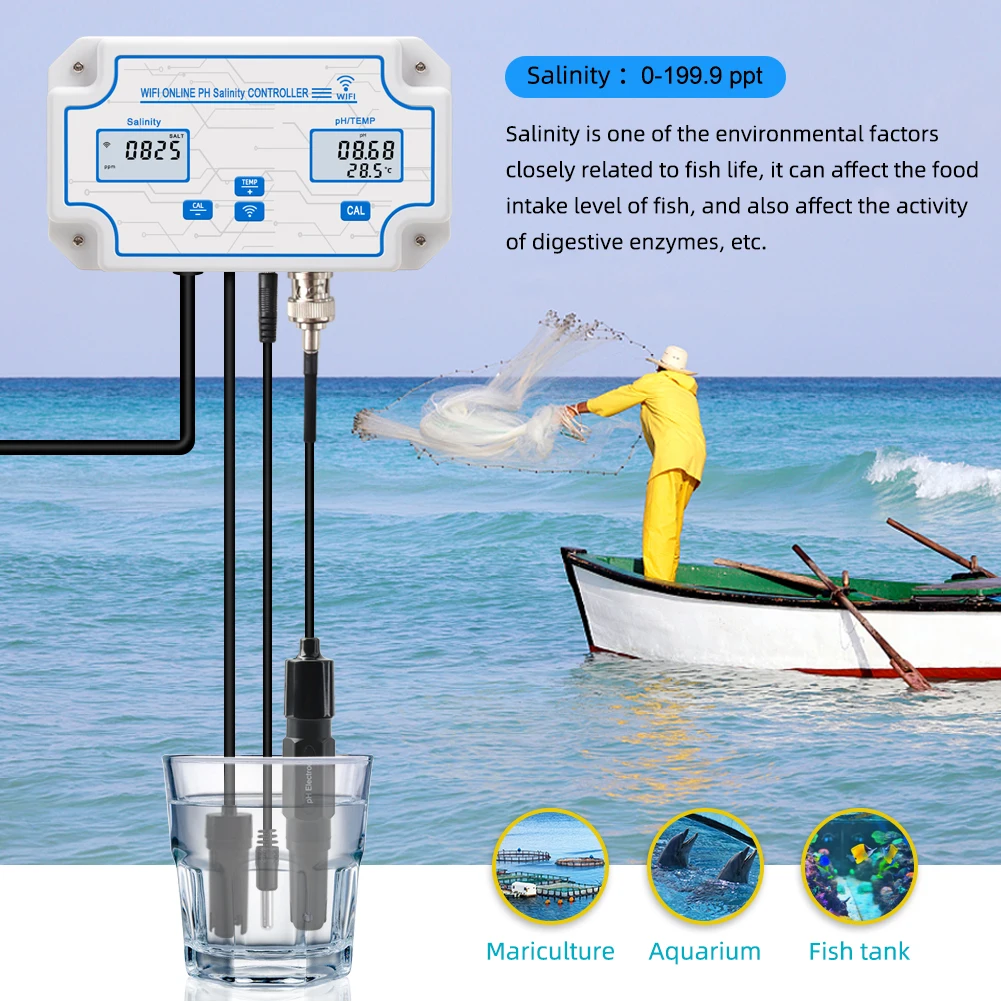 WIFI Online PH Salinity Controller Meter Aquarium Fish Tank Seawater Salt Tester Monitor for Pool Koi Fish Pond With Dual Plug