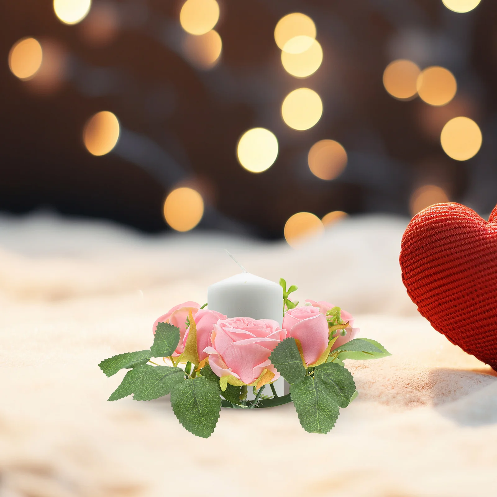 

Artificial Rose Candles Holder Wreath Lifelike Floral Decoration Romantic Wedding Centerpiece Table Decor Faux Greenery Holiday