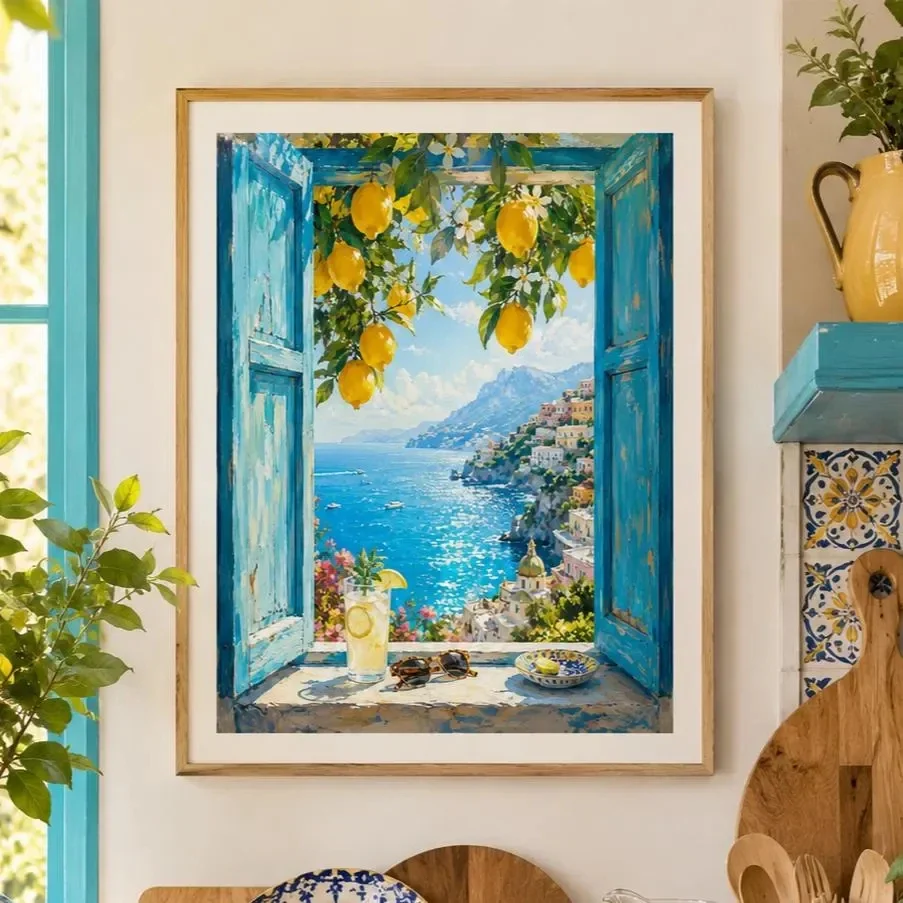 Frameless Canvas Painting Mediterranean Lemon Tree Print, Amalfi Coast Window, Italian Coastal Art, Blue Ocean Wall Decor, Summe