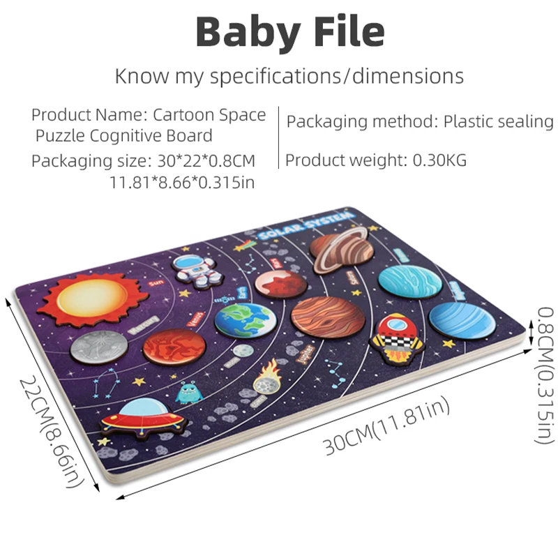 Hölzernes Sonnensystem-Puzzle, pädagogisches Weltraumforschungsspielzeug mit 8 Planeten, Sterne und Planeten, Brett, entwicklert kognitiven Fähigkeiten