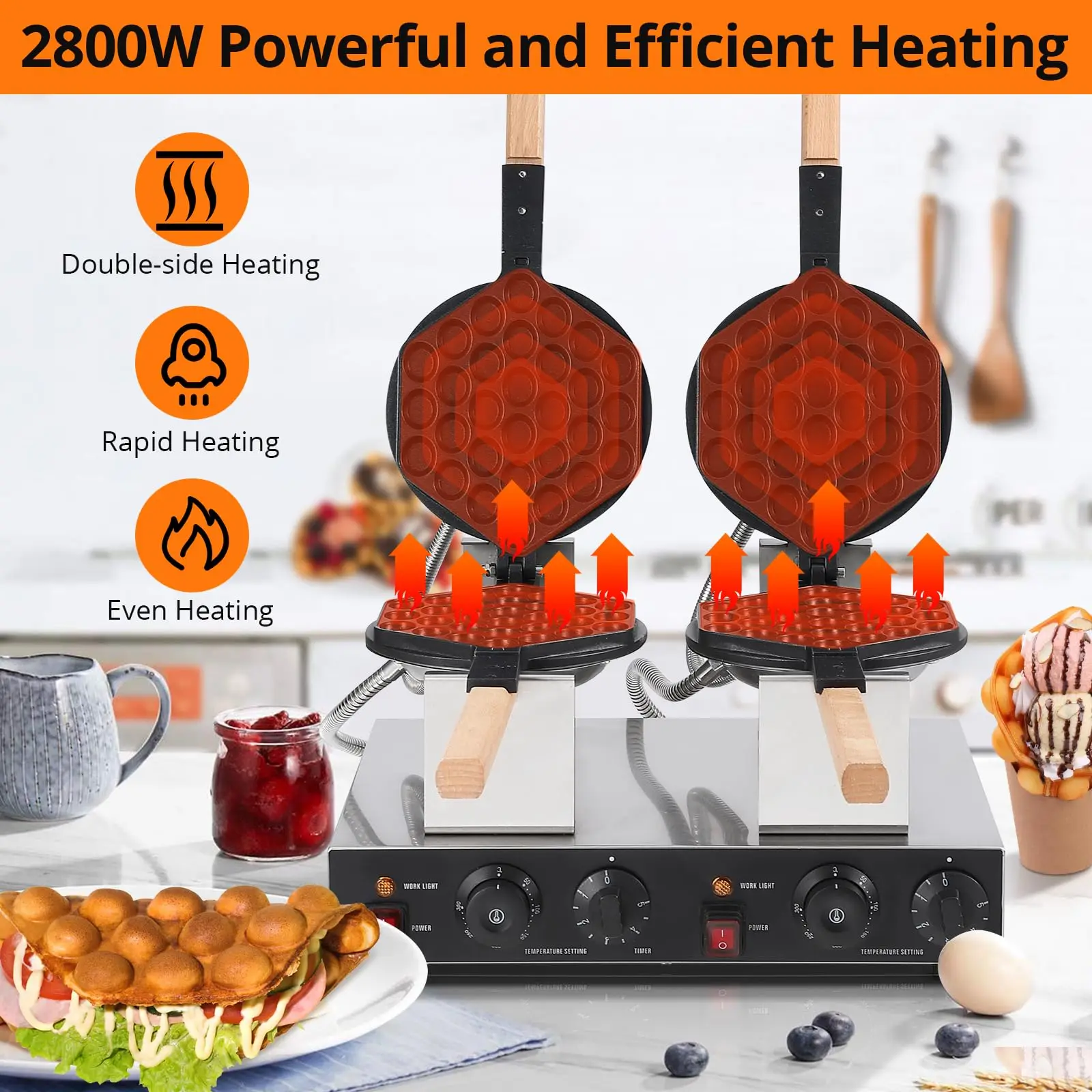 1/2 Plate 1400W/2800W 180° Rotatable Round Bubble Waffle Maker Non-Stick Double-Side Heating Waffle Iron For Home Commercial Use