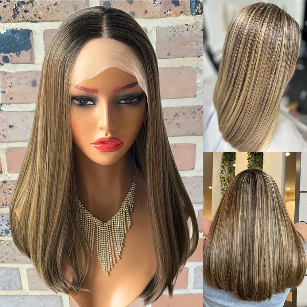 

Brunette Brown Short Bob Wig with Lace Front 13x4 Pre-Plucked Glueless Layered Straight Synthetic Hair for Women Cosplay Party