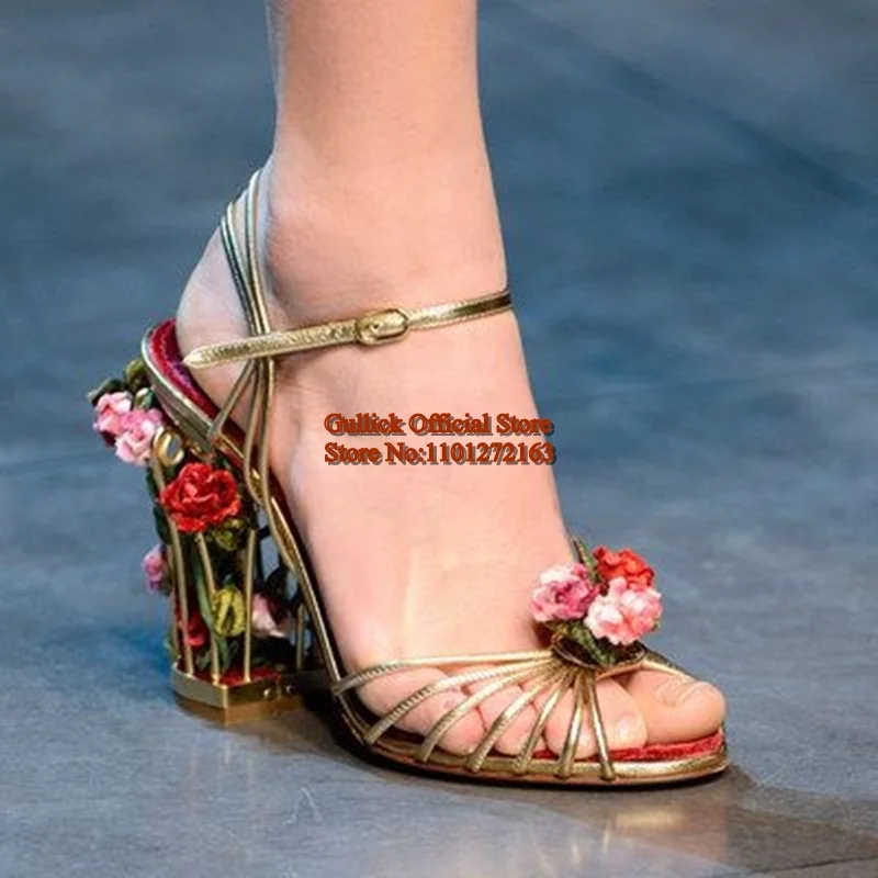Zdjęcie 3: Luksusowe sandały damskie w kształcie klatki dla ptaków, złote metaliczne skórzane sandały na paskach, kwiatowe sandały z paskiem na kostce, buty na przyjęcie weselne dla panny młodej, obcas 8,5 cm