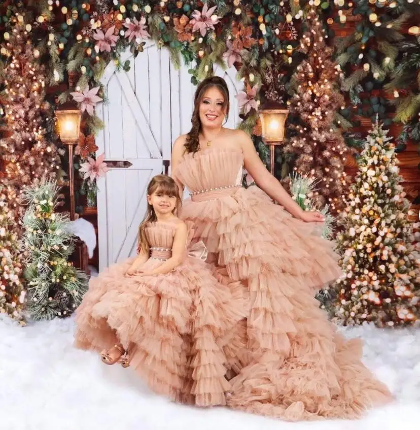 Vestidos de fiesta de boda hechos a mano de tul de champán, vestidos a juego de mamá e hija, vestido de fiesta de cumpleaños, sesión de fotos, cola larga