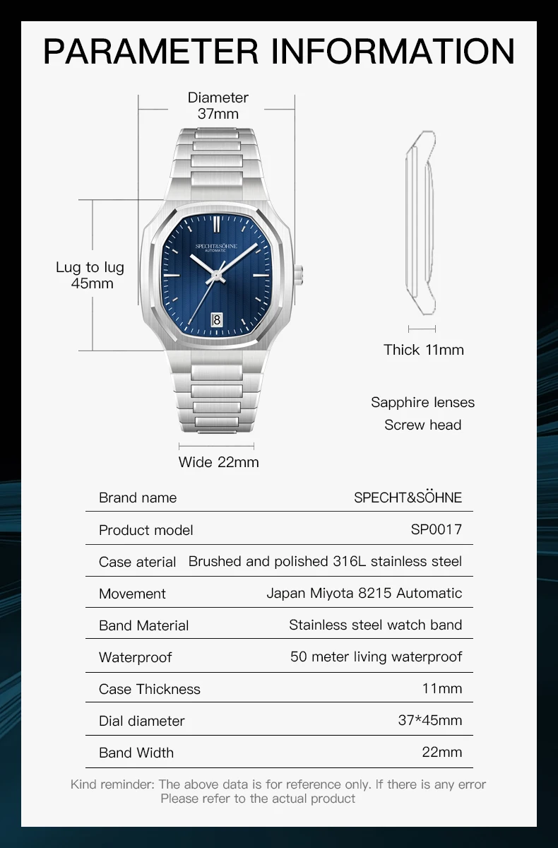 New Arrivals Specht&Sohne Watch 37MM Automatic Watches For Men Japan Miyota Movt Sapphire Crystal Stainless Steel 50M Waterproof
