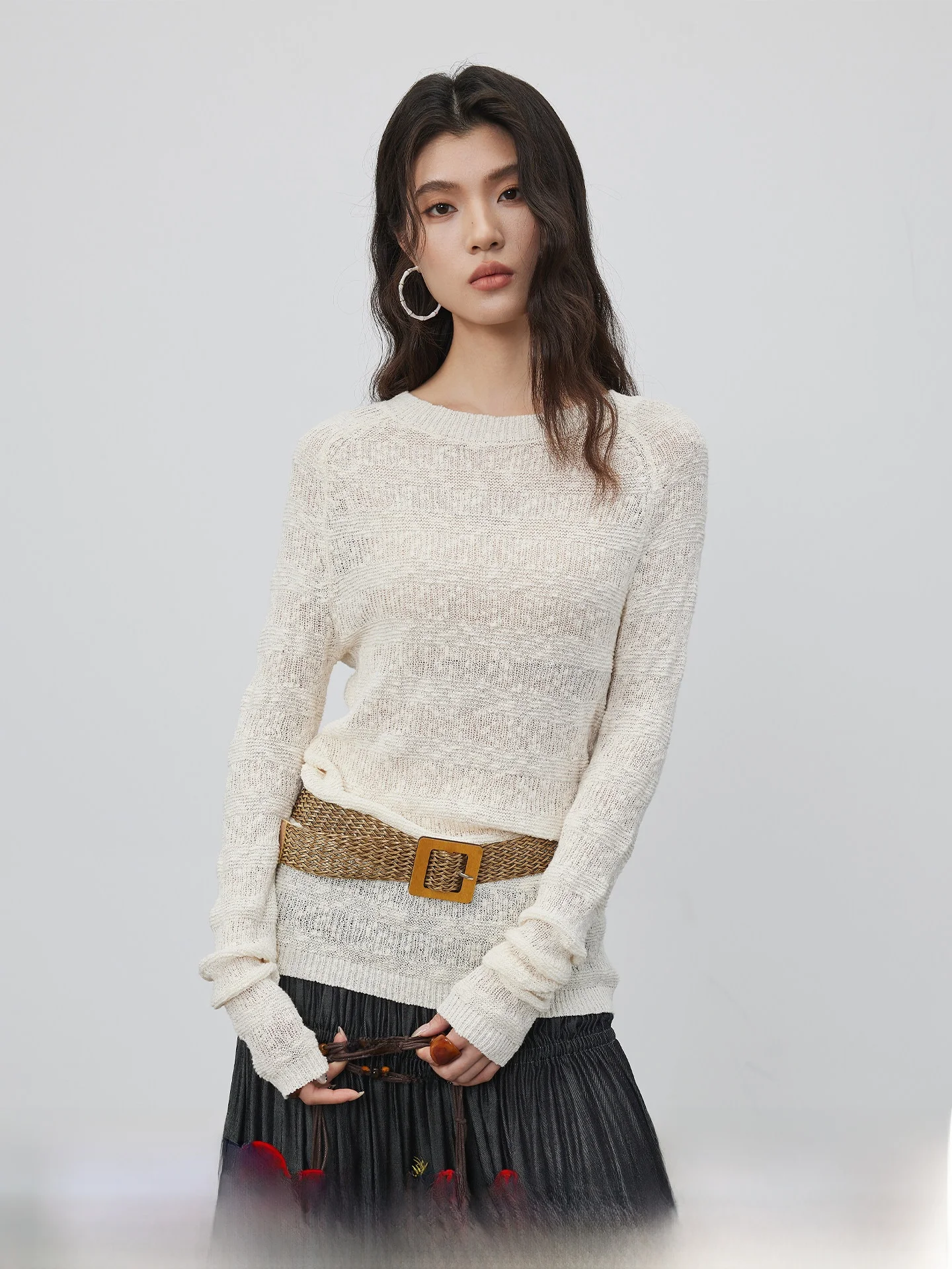 

KEARA Long Sve Knitted Sweater Women's Slim Fit Hollow out Casual Sle Cotton Blend Spring Faion Inner Wear Top